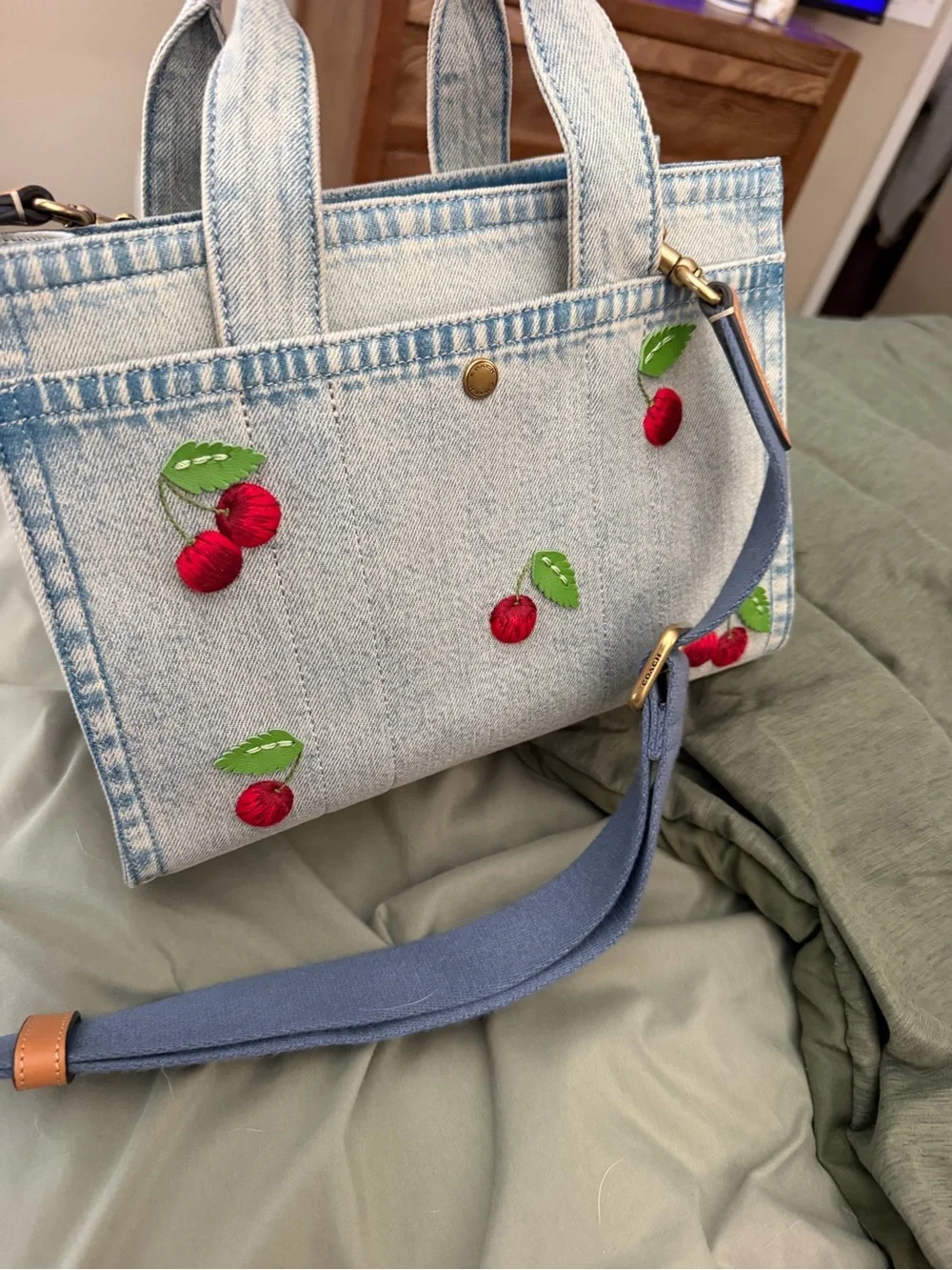Coach Denim Cargo Bag 26 with Cherry Embroidery